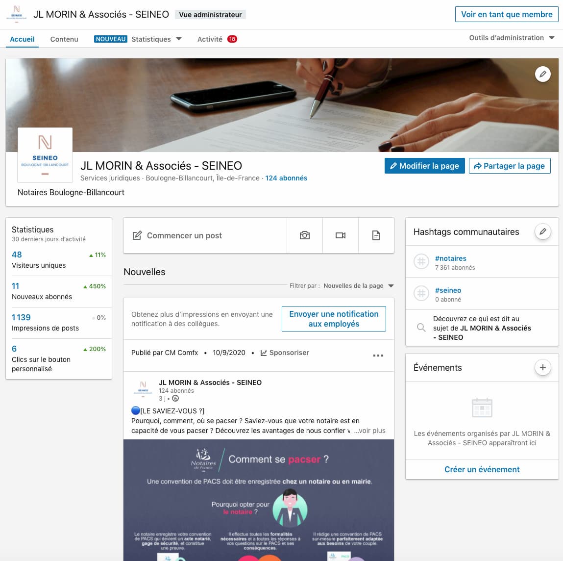 Activation et animation réseaux sociaux de la page LinkedIn SEINEO Notaires